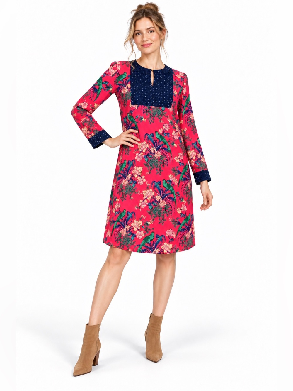 Anthropologie Maeve bird print eclectic retro pink navy polka dot tunic dress 10
